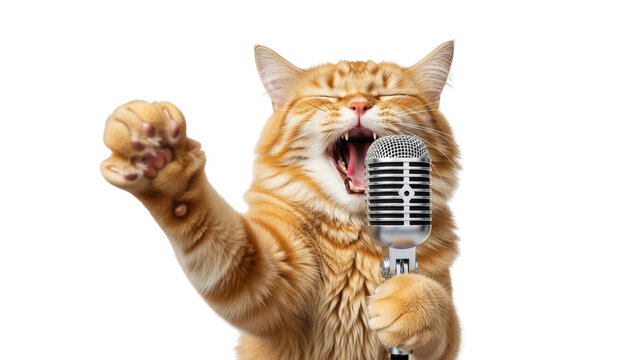 Ginger tabby cat singing into vintage silver microphone, mouth wide open, paw raised, isolated PNG with Transparent Background