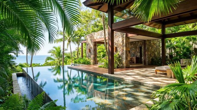 Luxurious tropical villa with an infinity pool overlooking the ocean. Modern stone and wood mansion surrounded by palm trees and lush vegetation. Summer vacation resort concept
