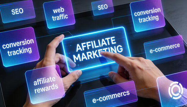 Digital marketing concept with hands interacting with virtual interface featuring terms like affiliate marketing, SEO, and e commerce. image highlights strategies for online business growth