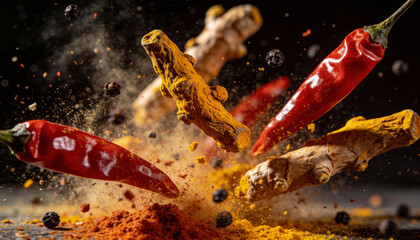 Dynamic explosion of spices featuring vibrant red chili peppers, turmeric roots, and black peppercorns against dark background, capturing essence of culinary excitement
