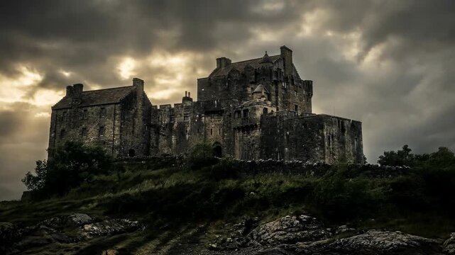 Ancient stone castle on a rocky hill under a dramatic cloudy sky. Medieval fortress in the Scottish Highlands with storm clouds moving. Historic architecture time lapse