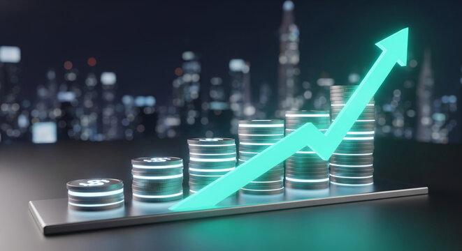 Stack of coin in increasing order with green arrow over metallic surface, showcasing financial growth and success, representing investment increase