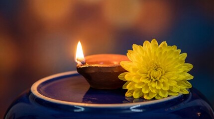 Lit clay oil lamp with yellow chrysanthemum on ceramic bowl creating a calm spiritual atmosphere