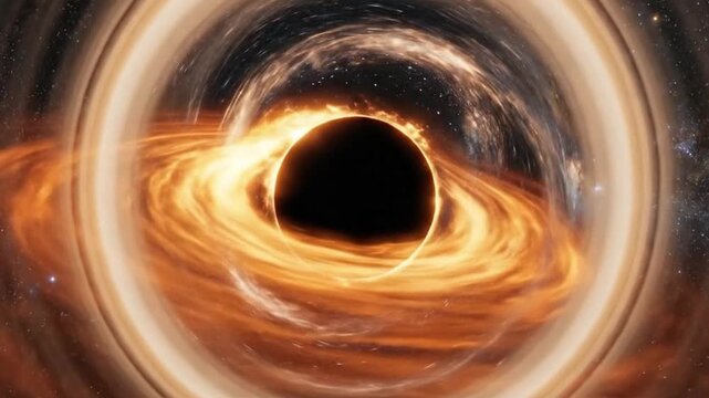 A stunning artistic representation of a black hole with a swirling accretion disk in deep space, showcasing cosmic phenomena