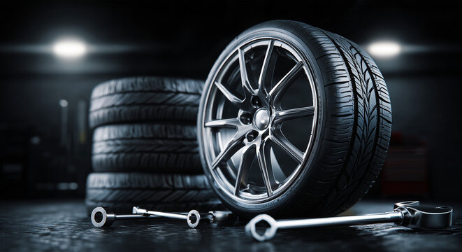 Modern tire service banner with car tire, shiny rim, and tools on dark garage background, perfect for automotive repair or tire shop promotion.