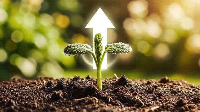 Emerging seedling breaking through rich soil illuminated by a glowing upward arrow symbolizing growth hope and new beginnings in a vibrant natural setting