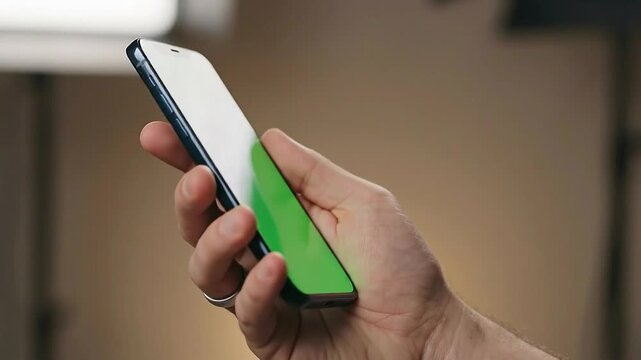 Hand holding a modern smartphone with a blank green screen, perfect for digital content creation and customization