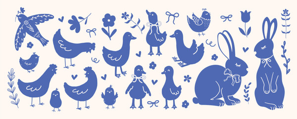 Doodle hand drawn animals and birds. Whimsical rabbits, geese, hens, chicks, flowers and bows. Monochrome blue silhouettes. Vector illustration © Svitla