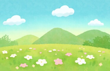 青空と草原と山の背景イラスト