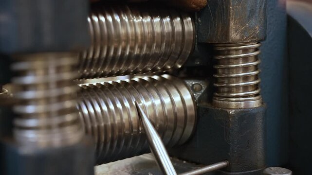 Jeweler processing silver through professional rolling mill.