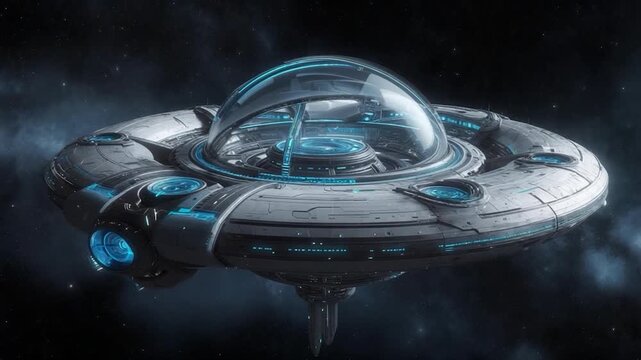 A futuristic disc-shaped craft with a central dome, glowing blue accents, in space