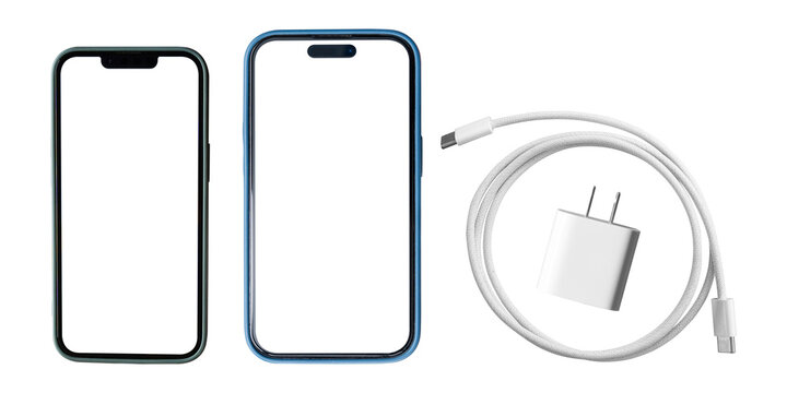 Smartphone frames with charging cable and adapter isolated on transparent background PNG.