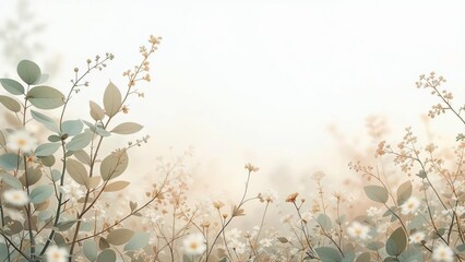 Soft wildflowers and foliage on pastel background, dreamy botanical nature banner.