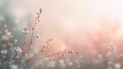 Delicate wildflower stems on soft pastel background, dreamy floral nature scene.