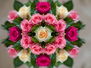 Symmetrical arrangement of vibrant pink and cream roses creating a floral mandala pattern with lush green leaves for decorative elegance
