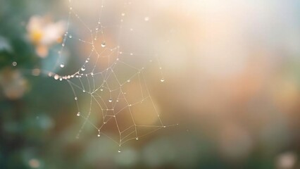 Dew drops on spider web with soft bokeh nature background.