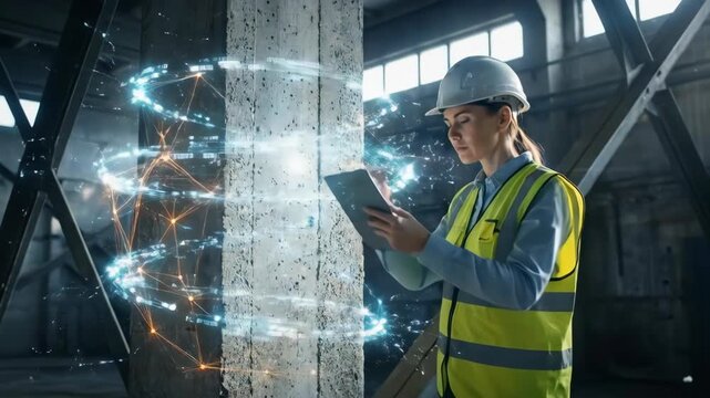 Woman engineer inspecting concrete column with digital tablet and visualizing augmented reality data on construction site