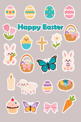 A flat-style Easter-themed sticker set featuring patterned Easter eggs, the inscription "Happy Easter," bunnies with carrots and eggs, a chick in a shell, baskets with eggs and a bow, flowers