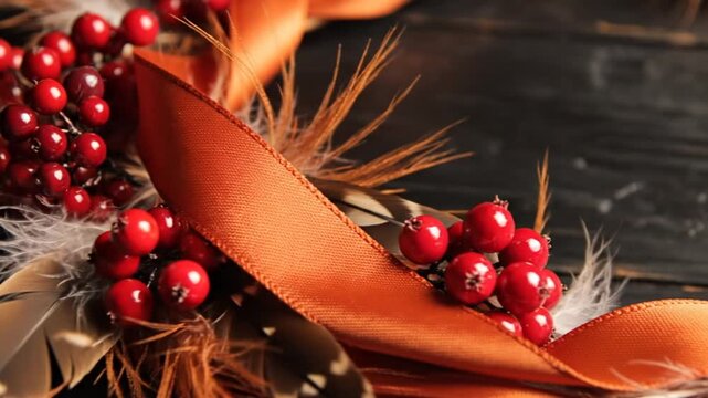 Autumn frame with berries, ribbon, and feathers on dark wood.