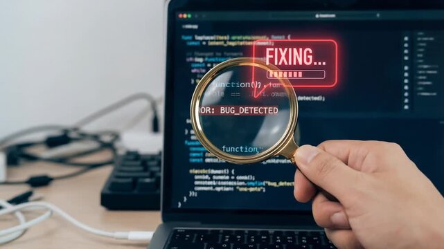 Software bug debugging coding ai agentic tool developer using magnifying glass to detect error code screen and fix bug with focused coding agentic