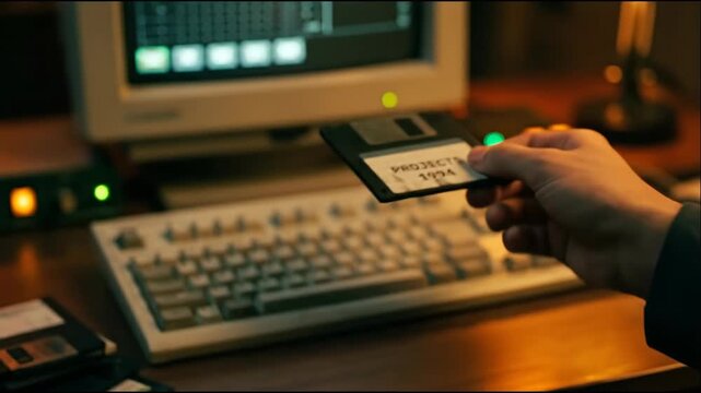 Man inserts vintage computer floppy disk labeled projects 1994 into old personal computer. Retrowave technology concept