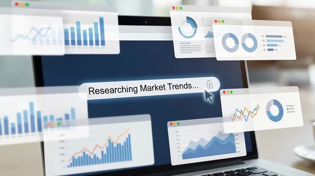 Research market trend ai tool use coding on laptop screen with data chart dashboard and analytics panel for agentic workflow and business insight