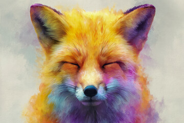 Obraz premium Vibrant and colorful artistic portrait of a fox with eyes closed showcasing a blend of warm and cool tones in a soft, painterly style on a neutral background