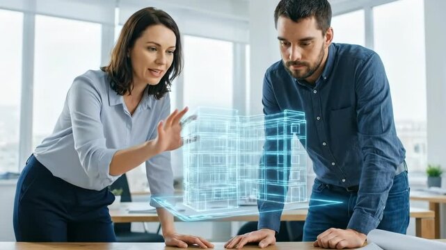 Woman and man architect review virtual building design. Digital blueprint and future architecture. Computer aided design technology for construction