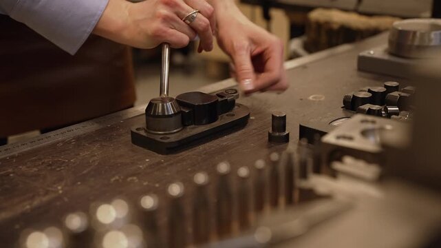 Jewelers hand using professional ring bender.