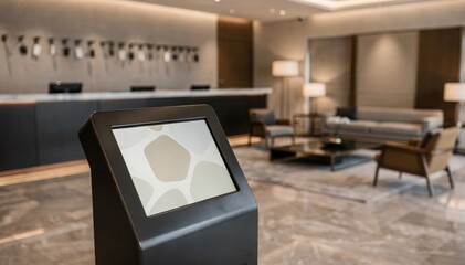Business hotel lobby front desk captured in medium shot sharp focus on electronic checkin system with blurred key slots and modern seating area behind.