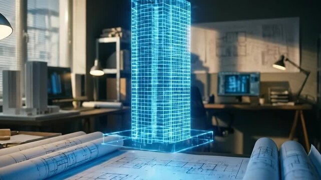 Blueprint drawing with digital projection of building model on desk. Architectural design and engineering plan for construction