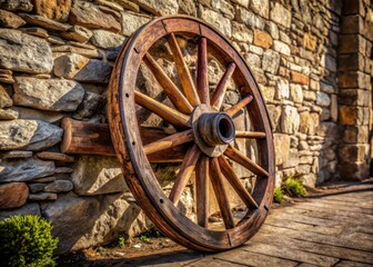 Obraz premium Timeworn wooden wheel of a centuriesold cart rests against a weathered stone wall