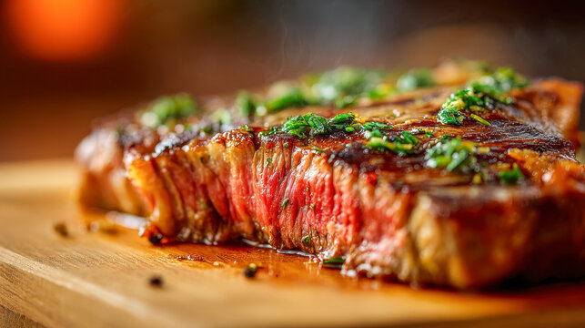 Juicy grilled medium rare steak topped with fresh herb butter served on a wooden cutting board showcasing tender, flavorful meat and rich textures