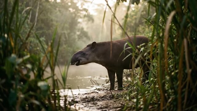 Peaceful Tapir Drinks in Atmospheric Tropical Rainforest Habitat