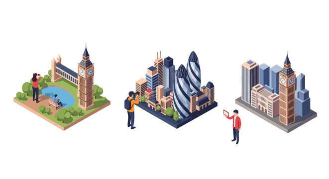 Isometric london cityscape with iconic landmarks and urban life