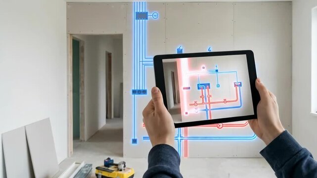 Man holding a tablet with augmented reality overlay of building systems installation during renovation, showing plumbing and electrical plans