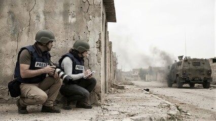 Naklejka premium Man and woman journalists with helmet and press vests sheltering near damaged building. Reporter covering conflict news. Journalist at war zone