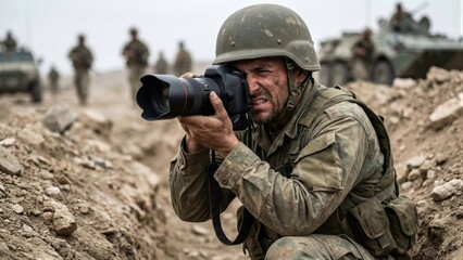 Naklejka premium Man war journalist or military photographer taking picture during conflict. War correspondent capturing battle reportage for media