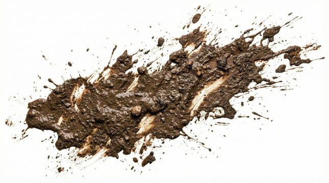 Realistic splatter of wet muddy soil on white background,isolated dirt explosion texture ideal for grunge design and dynamic energy compositions