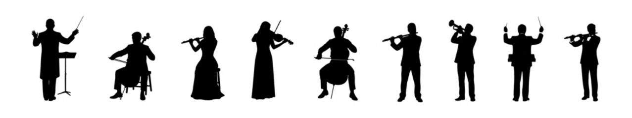 Silhouettes of orchestra musicians and conductor playing classical instruments, isolated on white background. © drawing lines