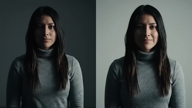 Woman Standing Against Dark and Light Backgrounds.