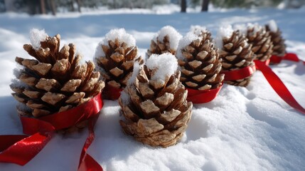 Fototapeta premium Add a touch of winter wonder to your holiday decor with this beautiful arrangement of snow-covered pine cones on pure white snow, adorned with festive 