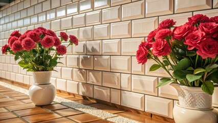 A pristine white tile wall serves as a striking backdrop for urban decor
