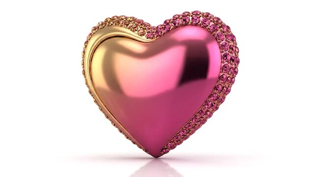 Shiny, heart-shaped object, glossy pink body with a gold rim and pink gemstone border