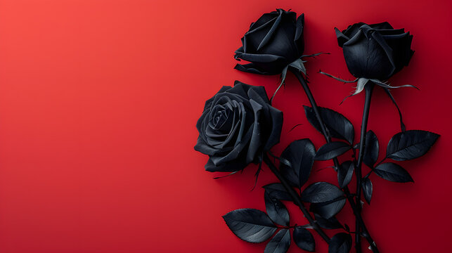 Black roses on a bright red background close-up, top view. Gothic romance concept