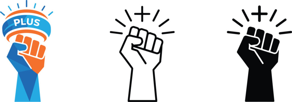 Raised fist plus icon set power strength unity protest support symbol minimal outline black white vector illustration