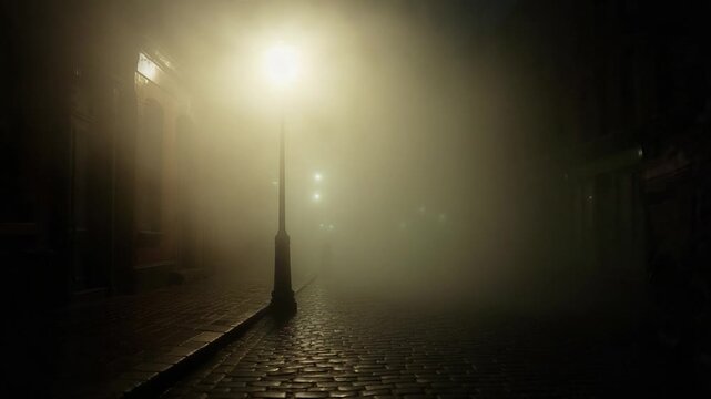 A cobbled street enveloped in dense fog at night, illuminated by a glowing street lamp and building lights