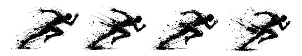 Ink silhouette of a sprinting human figure with dynamic brush strokes, expressing speed, effort and athletic motion.