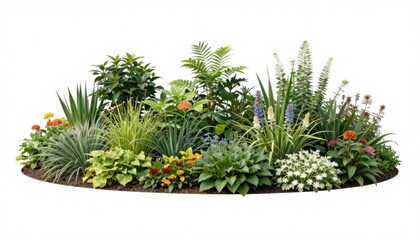 Mixed garden border with colorful flowers and foliage isolated on white background