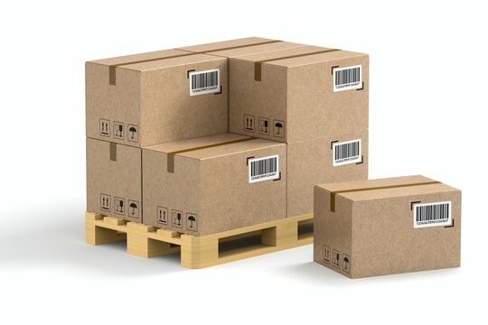 Wooden pallet with cardboard boxes on white background. Isolated 3D illustration